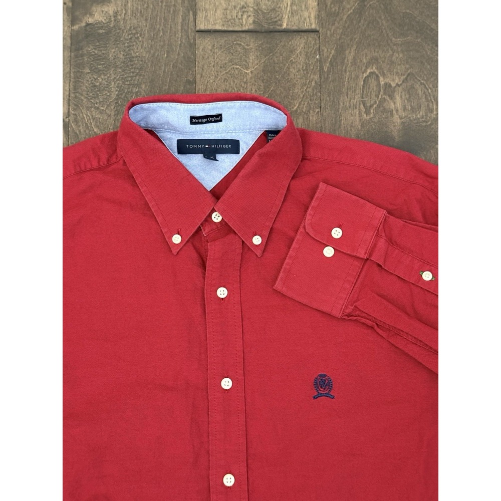 Tommy Hilfiger Shirt Mens Red Heritage Crest Oxford Slim Fit Button Down Size XL